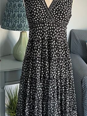 Max Studio Black and White Floral Tiered Maxi Dress
